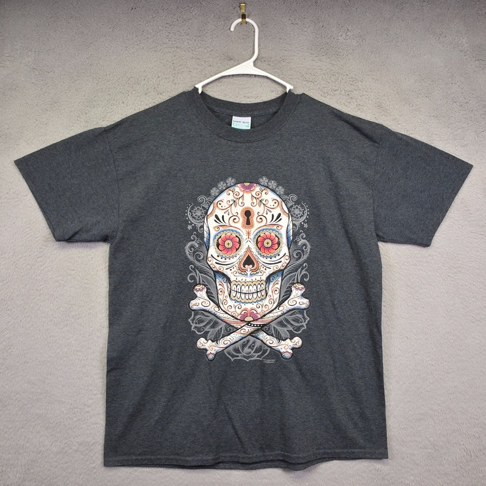 Liquid Blue Shirt Mens L Gray Sugar Skull Dia de Muertos Graphics Print Edgy Tee